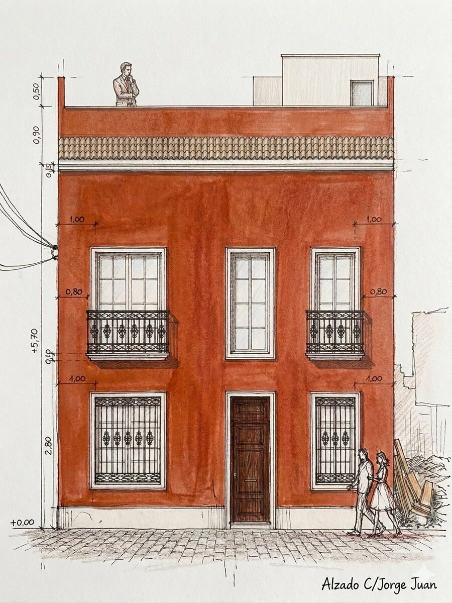 Tegning af Casa Ottos facade på Calle Jorge Juan